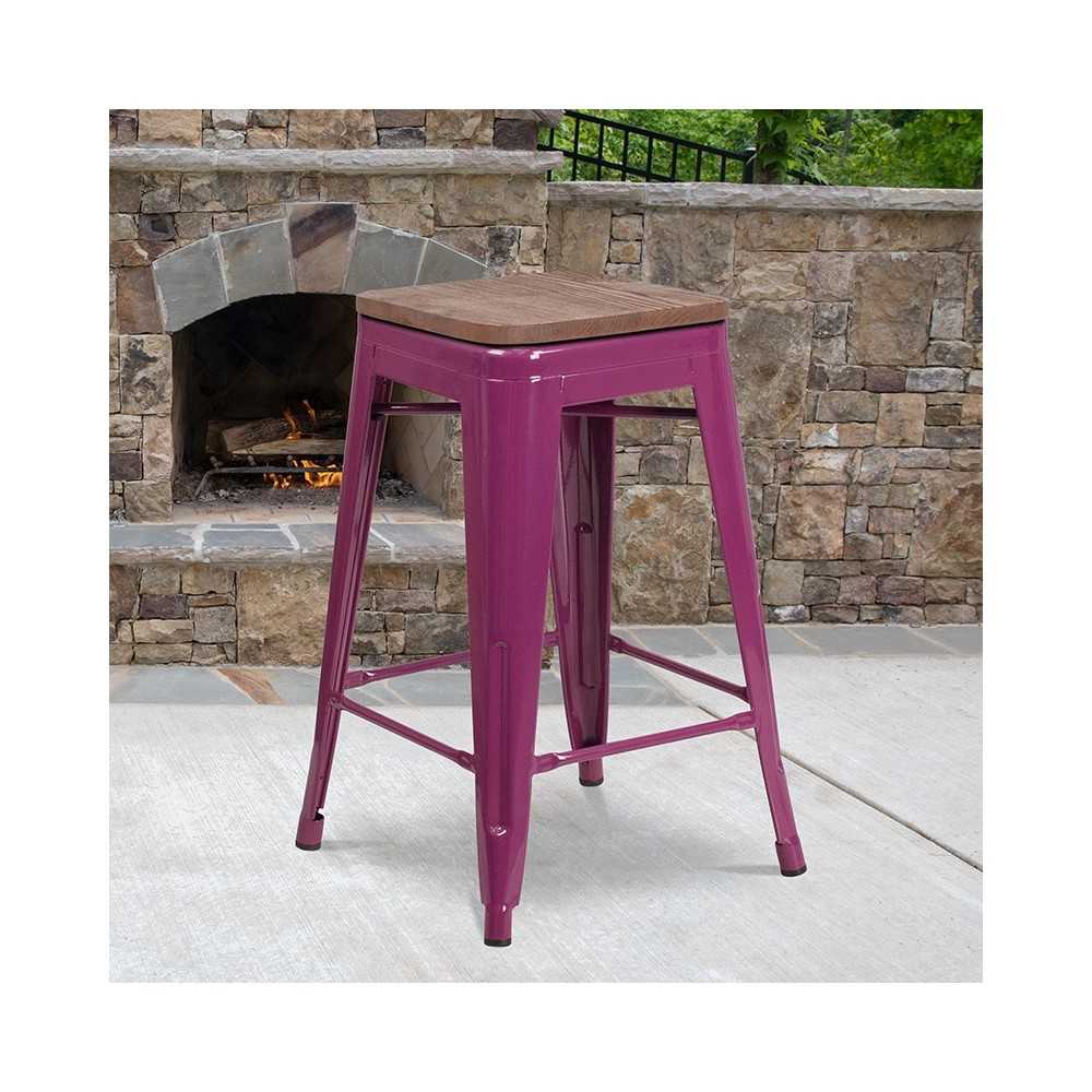 24" High Backless Purple Counter Height Stool with Square Wood Seat