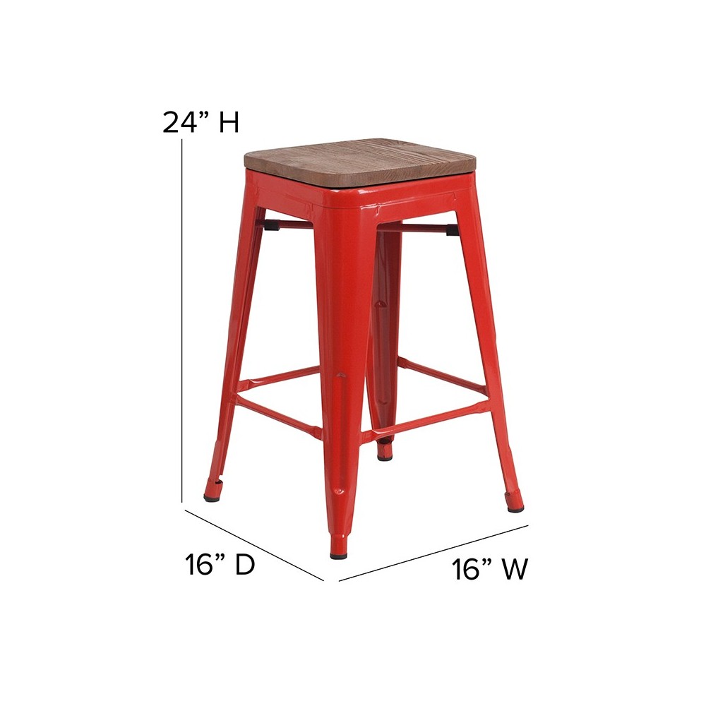24" High Backless Red Metal Counter Height Stool with Square Wood Seat