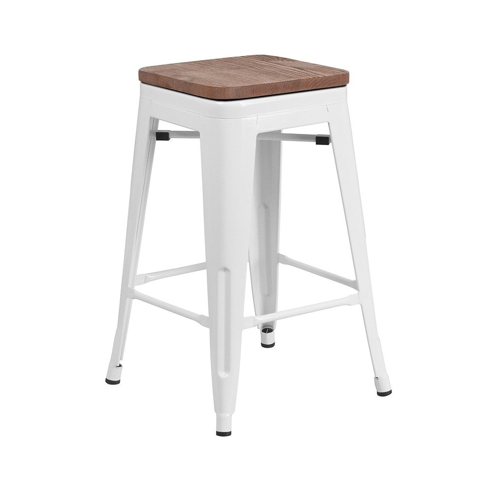 24" High Backless White Metal Counter Height Stool with Square Wood Seat