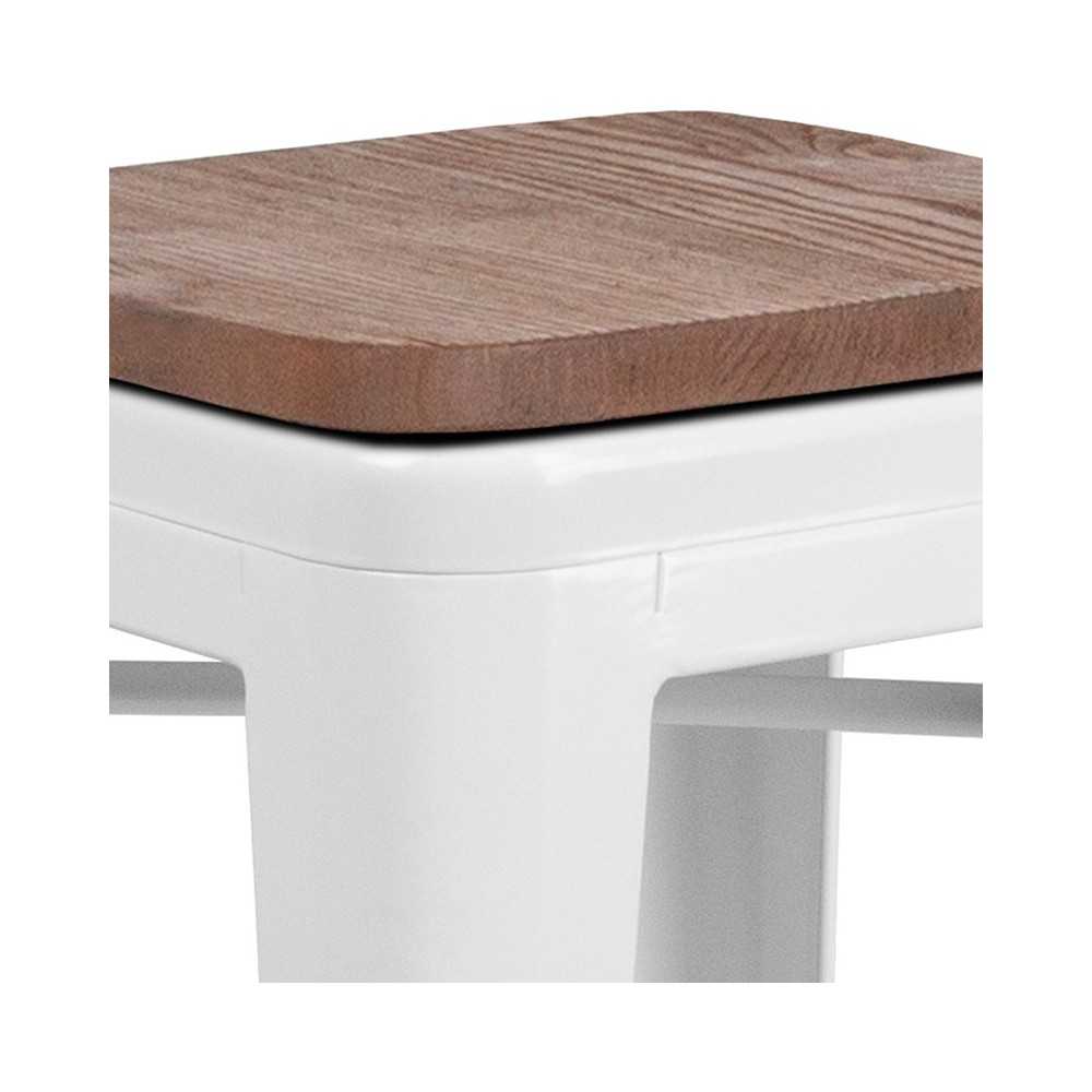24" High Backless White Metal Counter Height Stool with Square Wood Seat