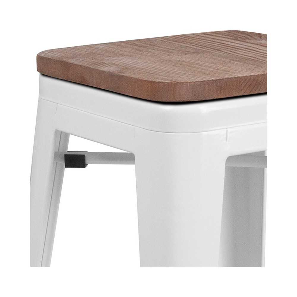 24" High Backless White Metal Counter Height Stool with Square Wood Seat