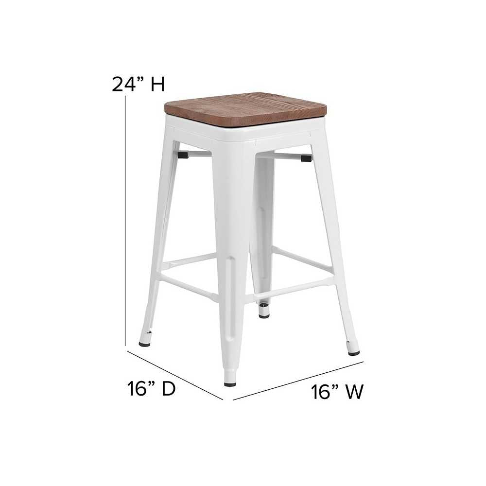 24" High Backless White Metal Counter Height Stool with Square Wood Seat