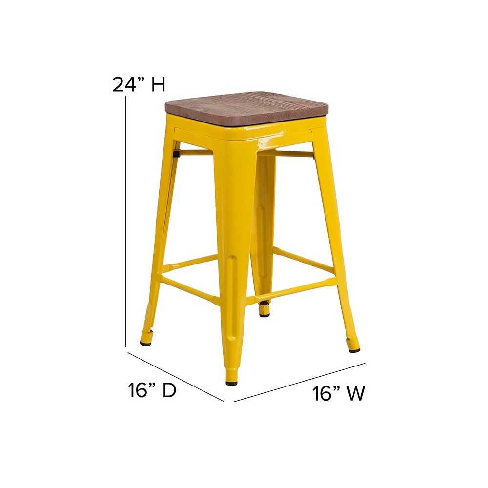 24" High Backless Yellow Metal Counter Height Stool with Square Wood Seat