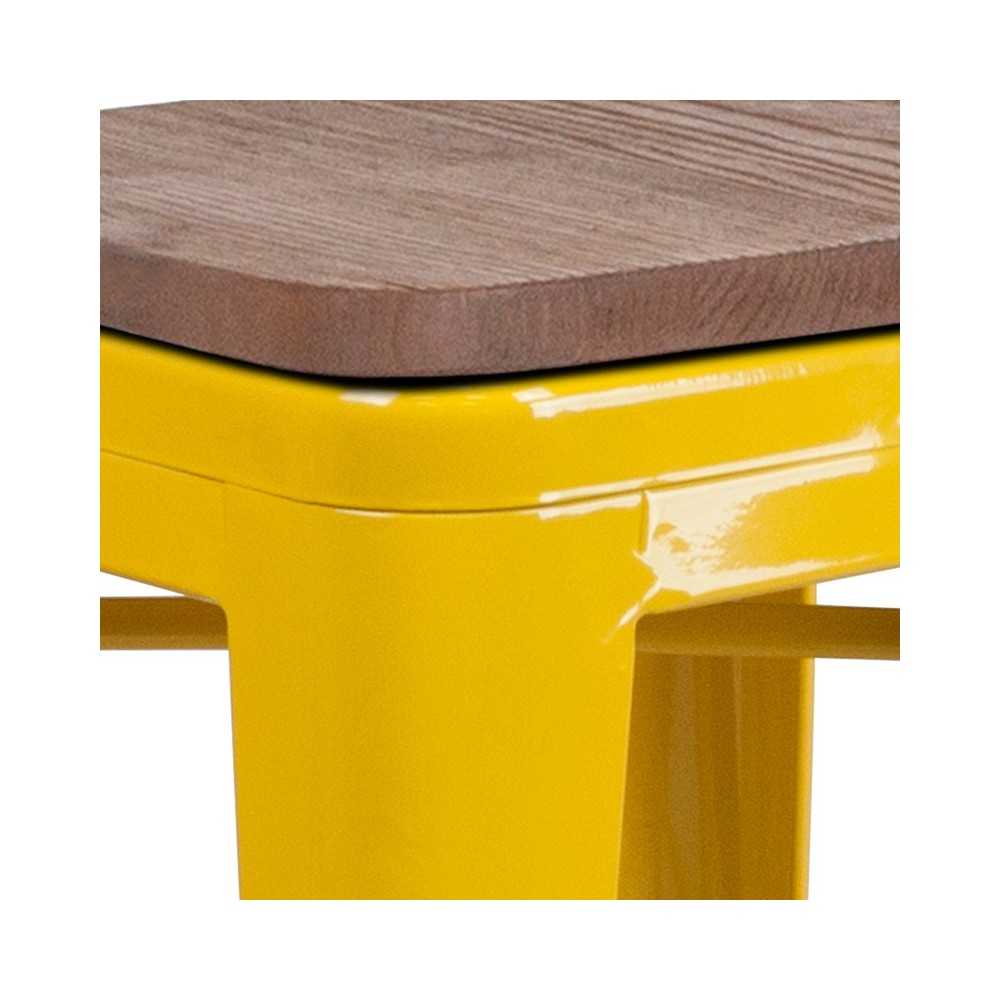 24" High Backless Yellow Metal Counter Height Stool with Square Wood Seat