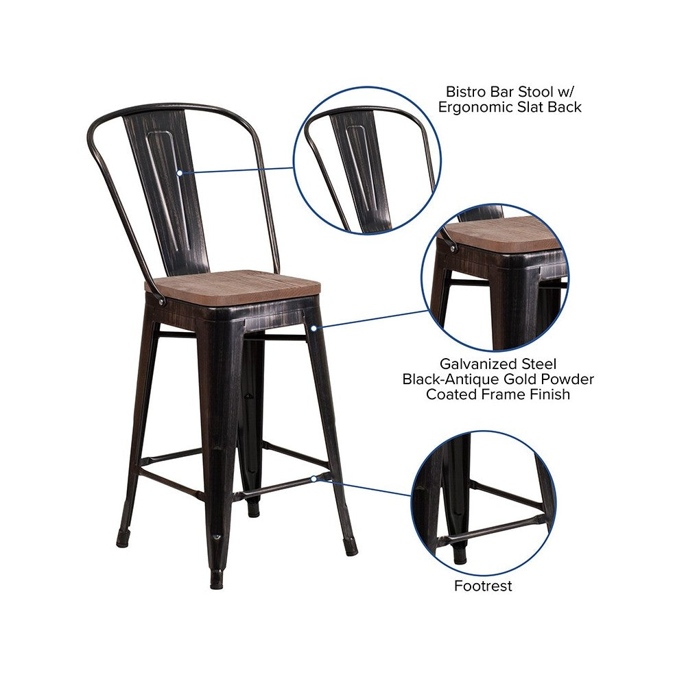 24" High Black-Antique Gold Metal Counter Height Stool with Back and Wood Seat