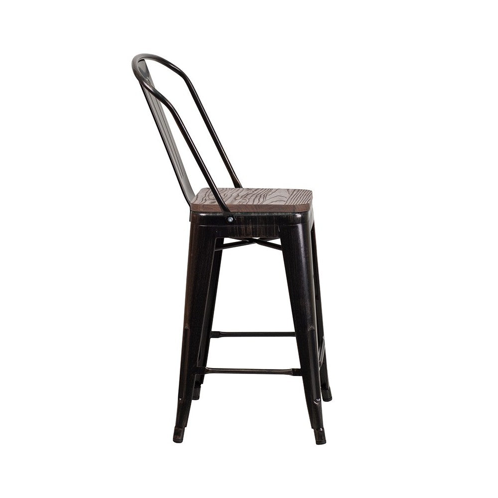 24" High Black-Antique Gold Metal Counter Height Stool with Back and Wood Seat