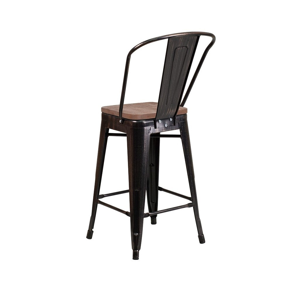 24" High Black-Antique Gold Metal Counter Height Stool with Back and Wood Seat