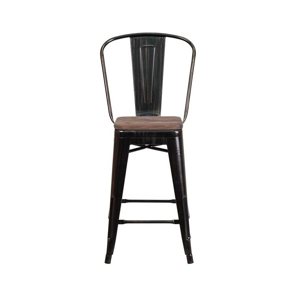 24" High Black-Antique Gold Metal Counter Height Stool with Back and Wood Seat