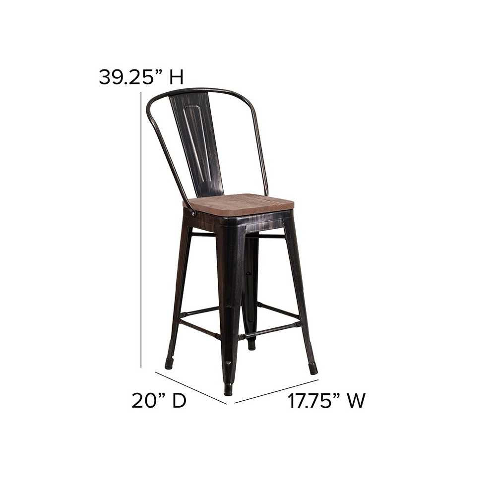 24" High Black-Antique Gold Metal Counter Height Stool with Back and Wood Seat