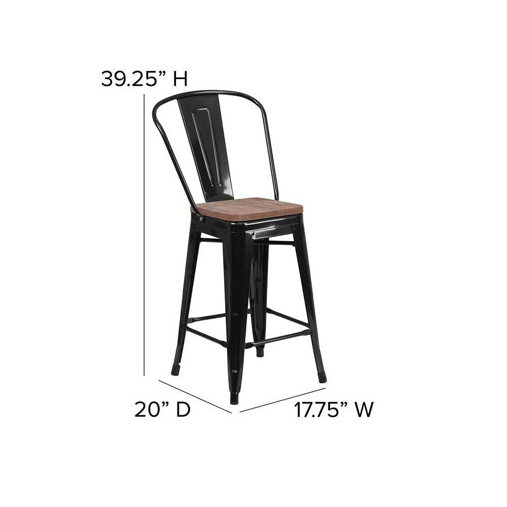24" High Black Metal Counter Height Stool with Back and Wood Seat