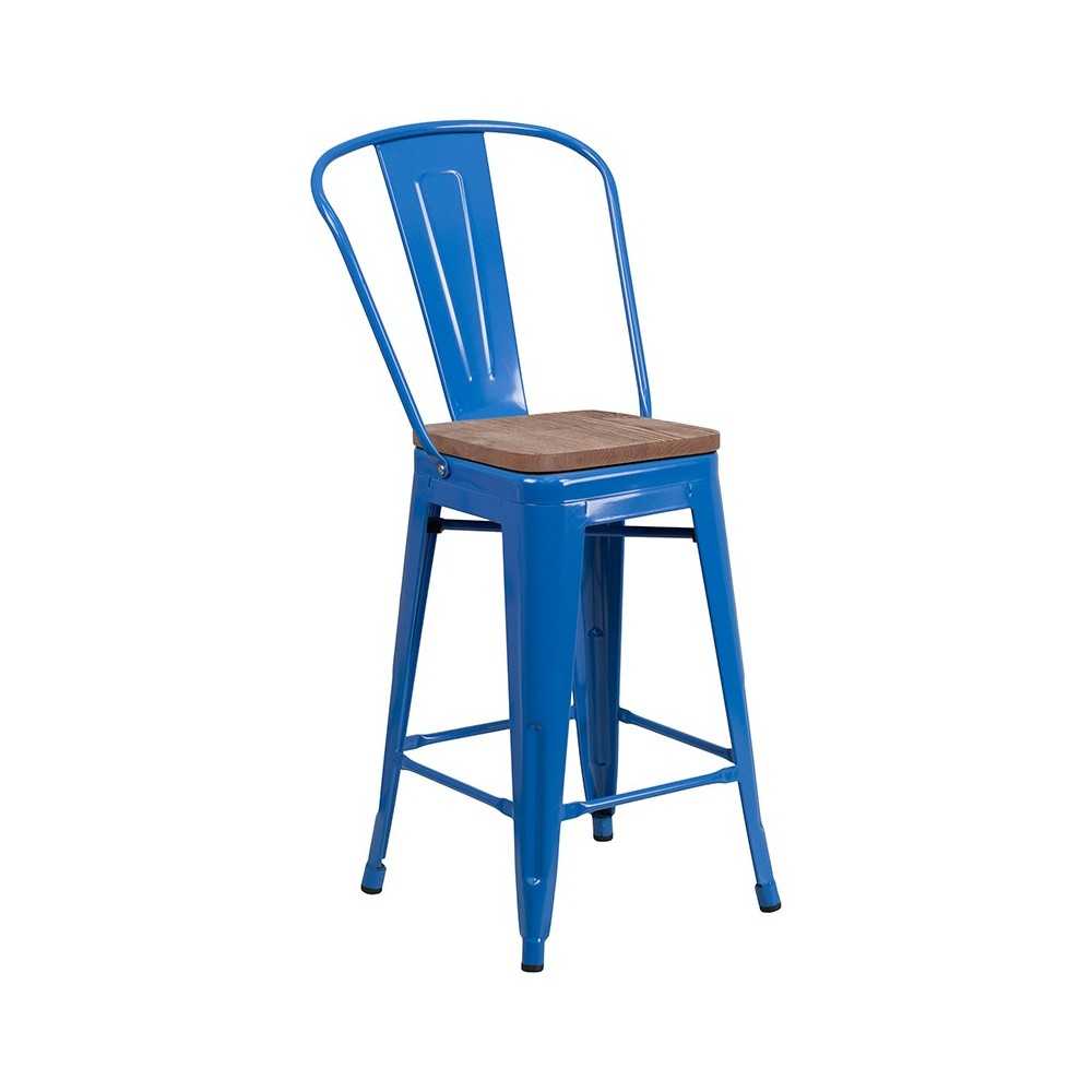 24" High Blue Metal Counter Height Stool with Back and Wood Seat