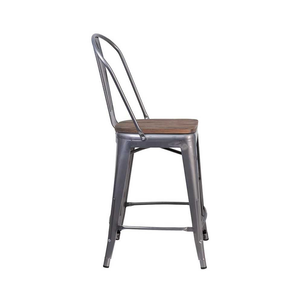 24" High Clear Coated Counter Height Stool with Back and Wood Seat