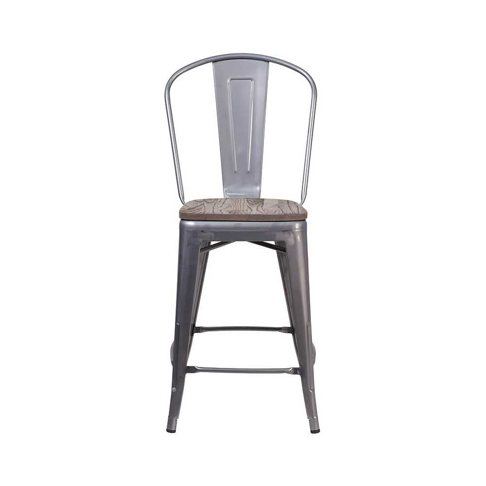 24" High Clear Coated Counter Height Stool with Back and Wood Seat
