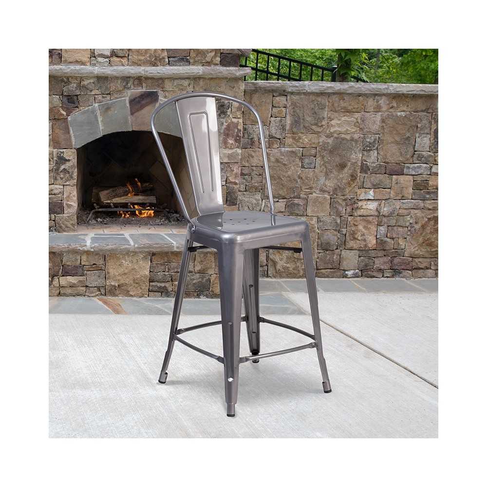 24'' High Clear Coated Indoor Counter Height Stool with Back