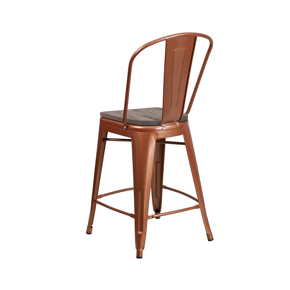 24" High Copper Metal Counter Height Stool with Back and Wood Seat