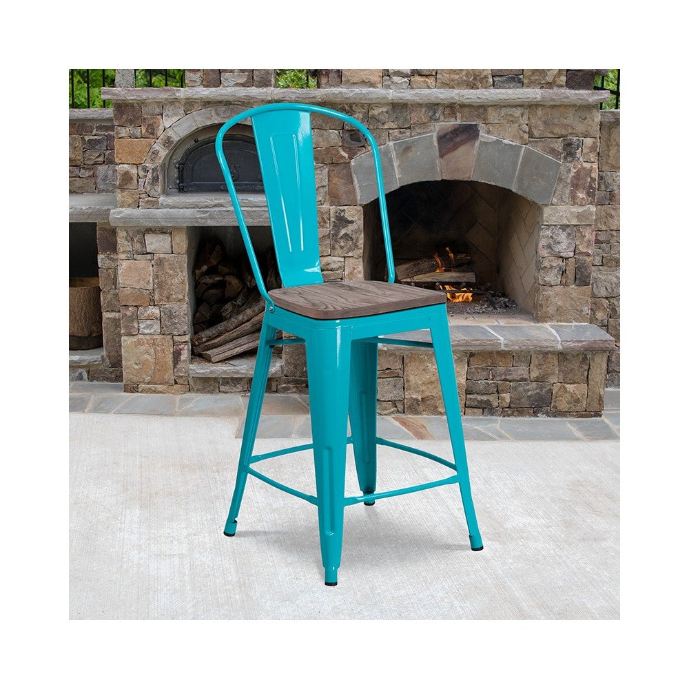 24" High Crystal Teal-Blue Metal Counter Height Stool with Back and Wood Seat