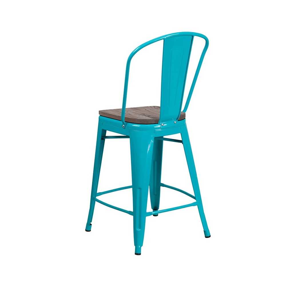 24" High Crystal Teal-Blue Metal Counter Height Stool with Back and Wood Seat
