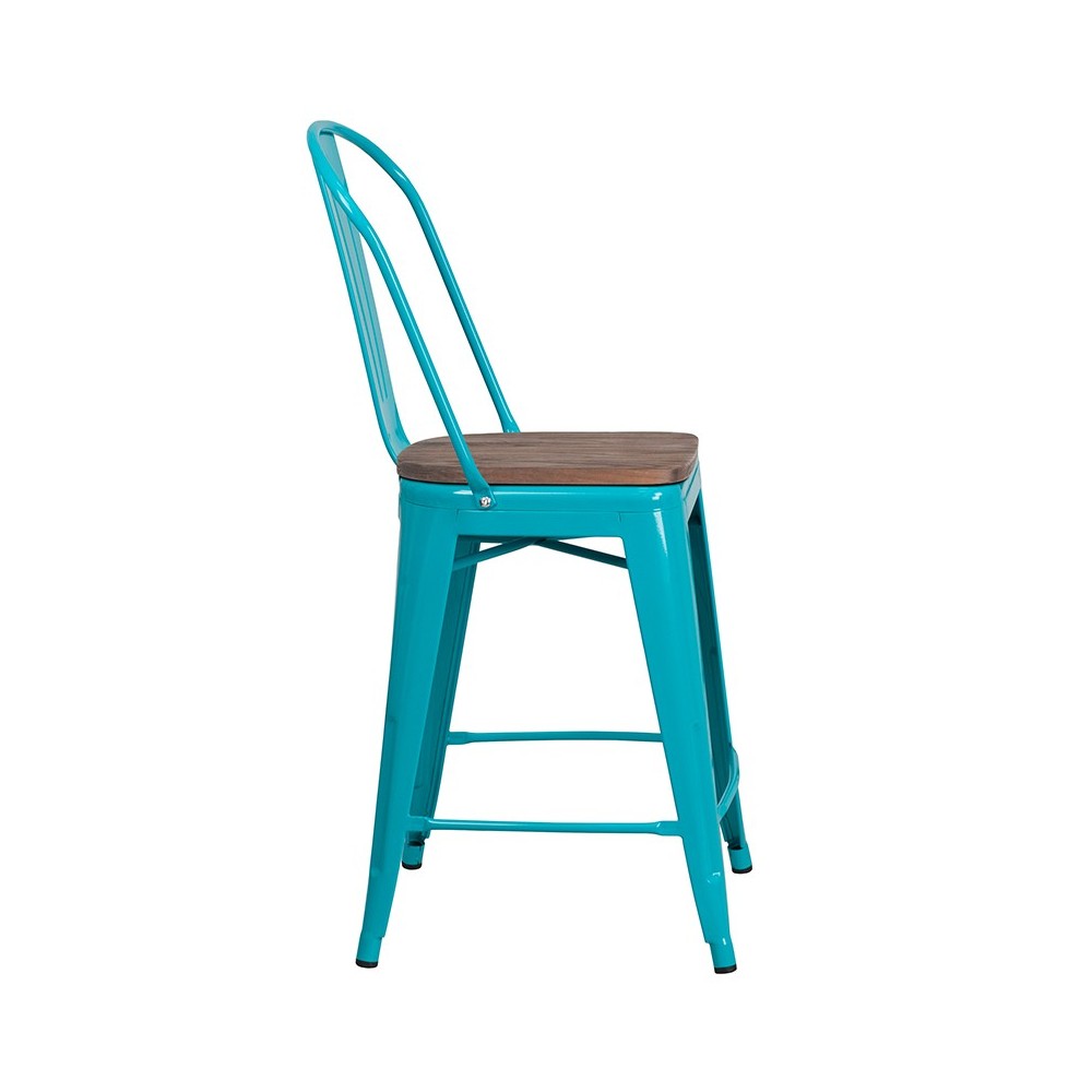 24" High Crystal Teal-Blue Metal Counter Height Stool with Back and Wood Seat