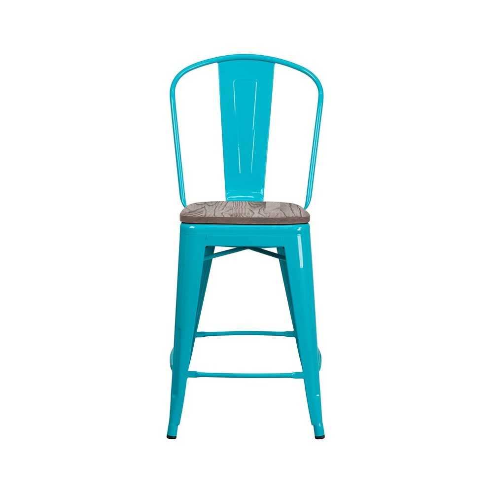 24" High Crystal Teal-Blue Metal Counter Height Stool with Back and Wood Seat