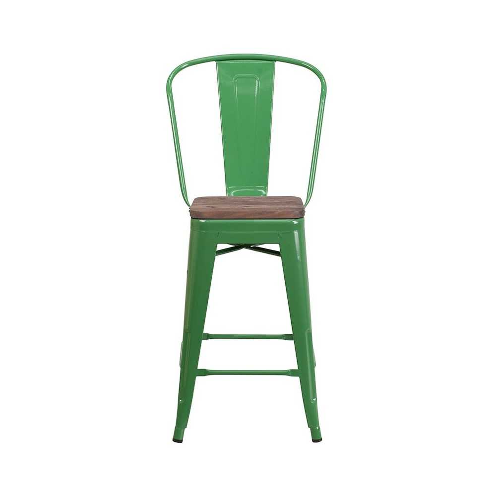 24" High Green Metal Counter Height Stool with Back and Wood Seat