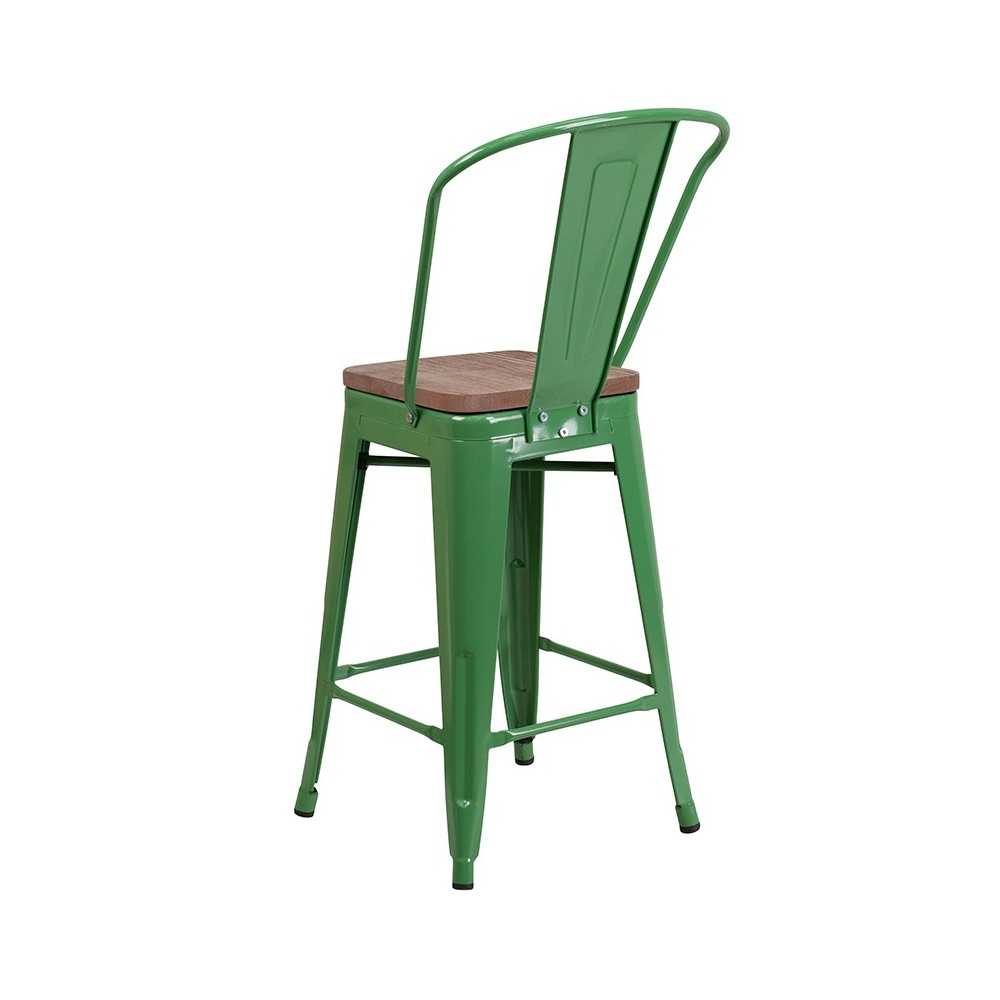 24" High Green Metal Counter Height Stool with Back and Wood Seat