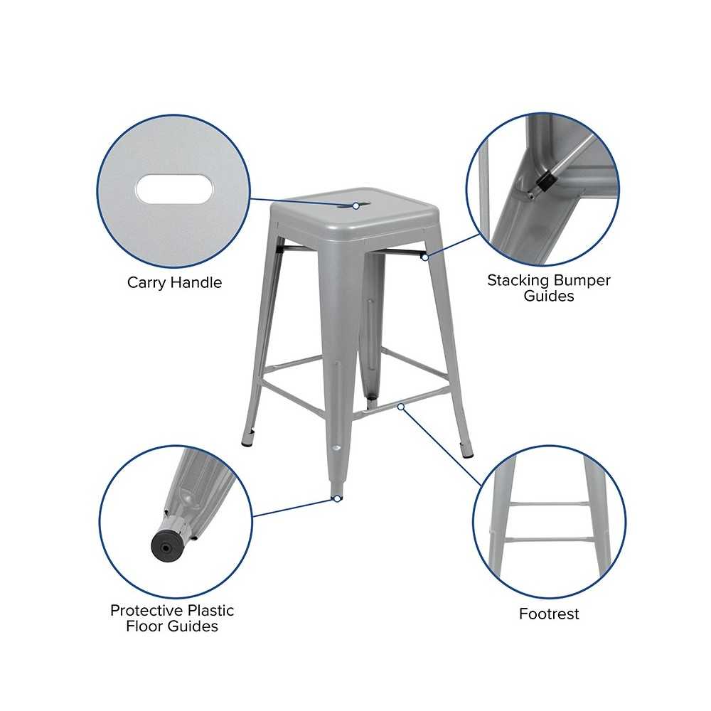 24" High Metal Counter-Height, Indoor Bar Stool in Silver - Stackable Set of 4