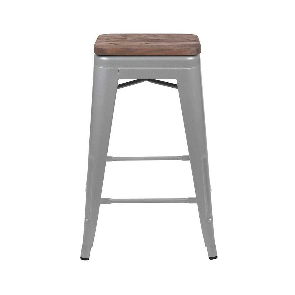 24" High Metal Counter-Height, Indoor Bar Stool with Wood Seat in Silver - Stackable Set of 4