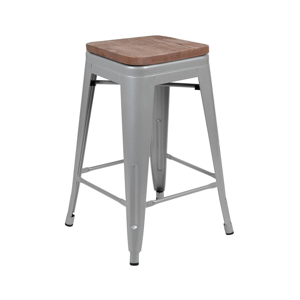 24" High Metal Counter-Height, Indoor Bar Stool with Wood Seat in Silver - Stackable Set of 4