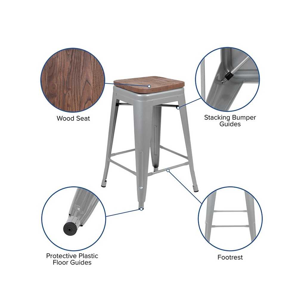 24" High Metal Counter-Height, Indoor Bar Stool with Wood Seat in Silver - Stackable Set of 4