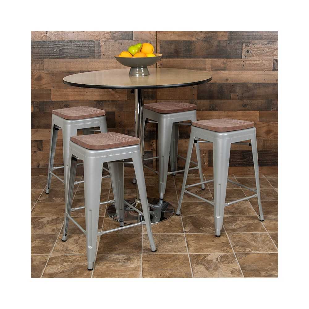 24" High Metal Counter-Height, Indoor Bar Stool with Wood Seat in Silver - Stackable Set of 4