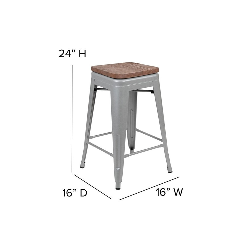 24" High Metal Counter-Height, Indoor Bar Stool with Wood Seat in Silver - Stackable Set of 4