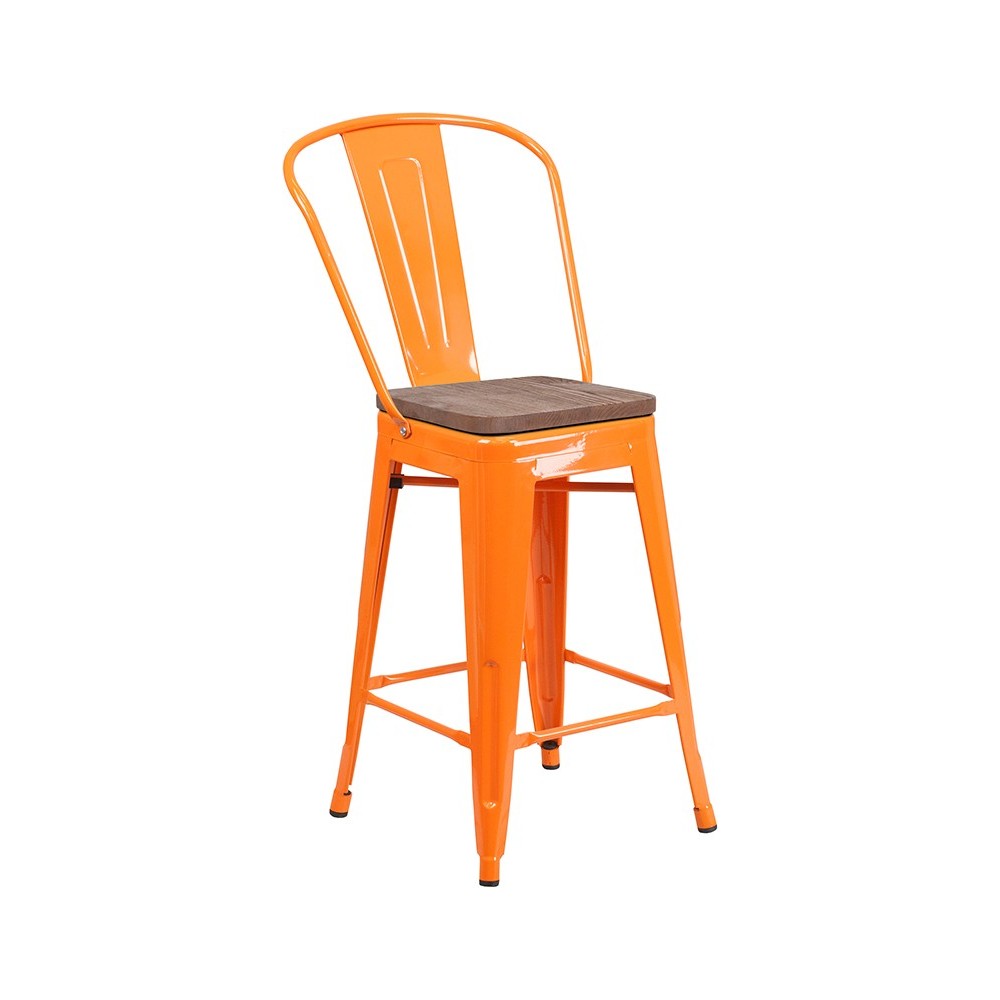 24" High Orange Metal Counter Height Stool with Back and Wood Seat