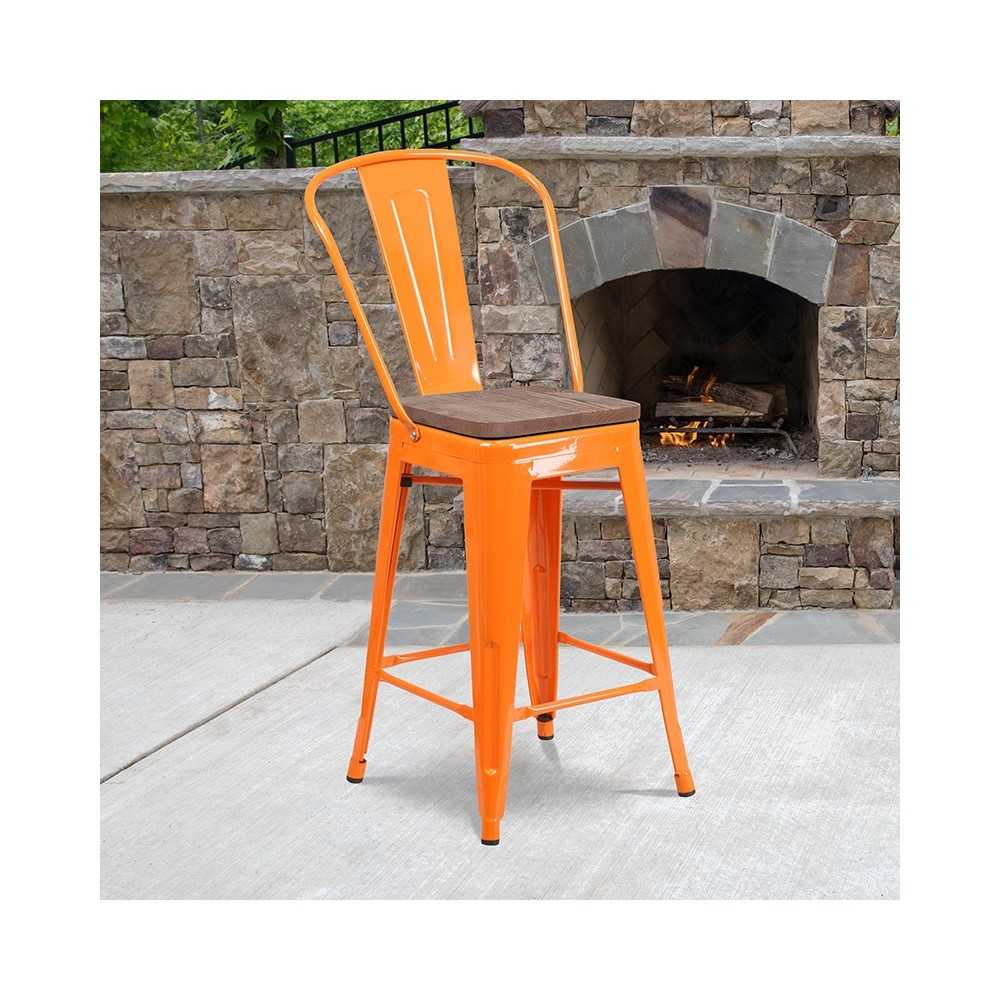 24" High Orange Metal Counter Height Stool with Back and Wood Seat