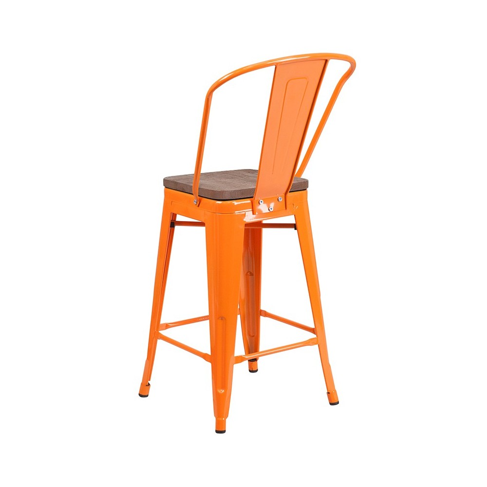 24" High Orange Metal Counter Height Stool with Back and Wood Seat