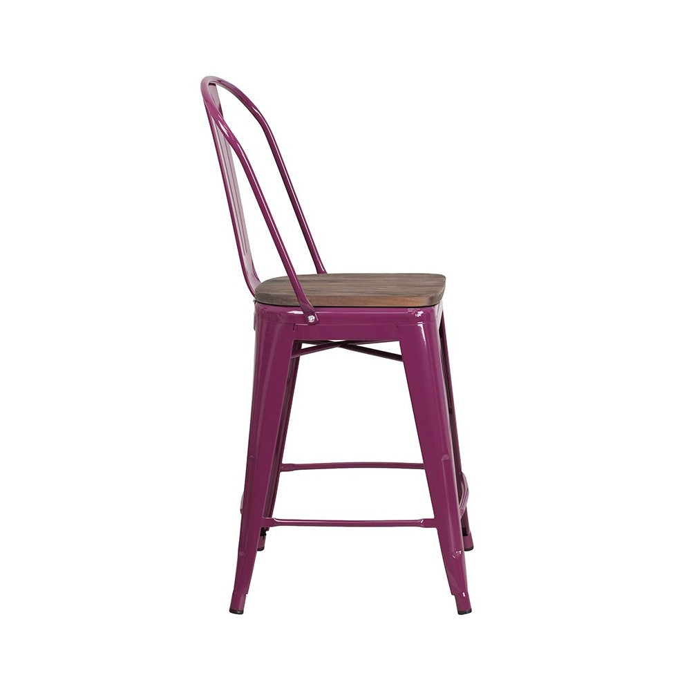 24" High Purple Metal Counter Height Stool with Back and Wood Seat