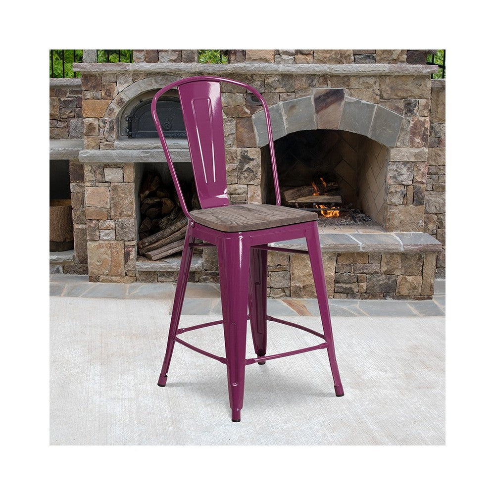 24" High Purple Metal Counter Height Stool with Back and Wood Seat