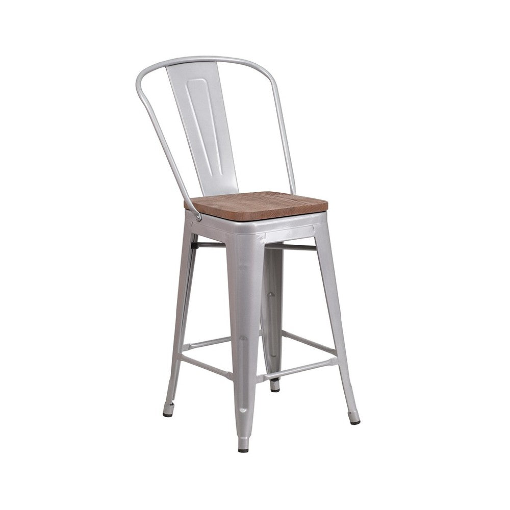 24" High Silver Metal Counter Height Stool with Back and Wood Seat