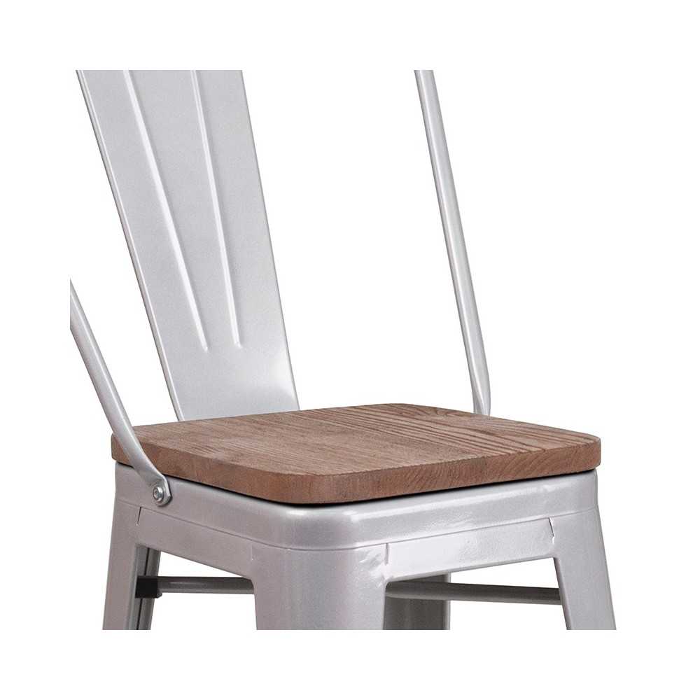 24" High Silver Metal Counter Height Stool with Back and Wood Seat