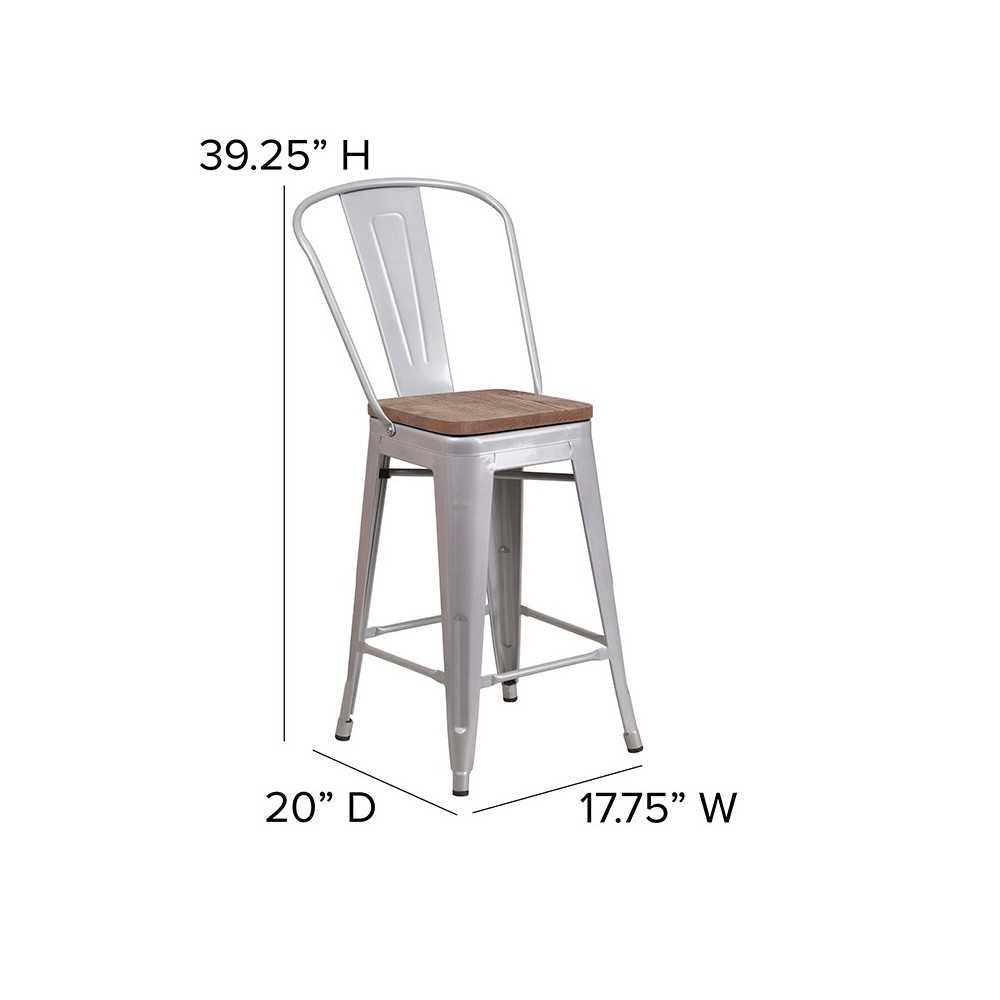 24" High Silver Metal Counter Height Stool with Back and Wood Seat