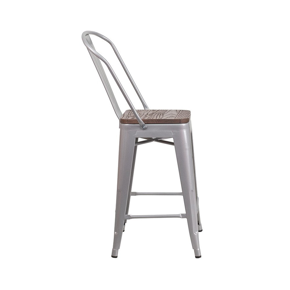 24" High Silver Metal Counter Height Stool with Back and Wood Seat