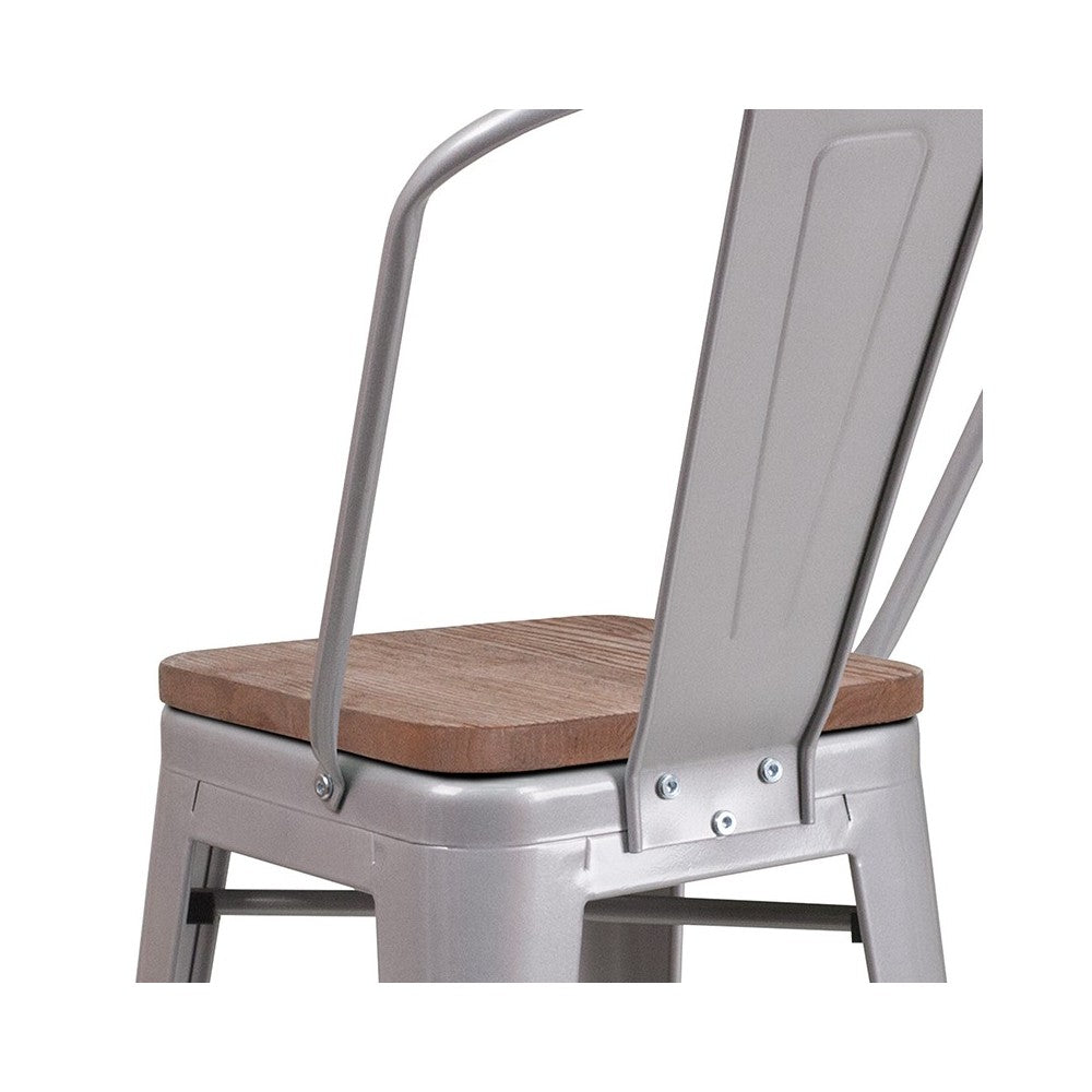 24" High Silver Metal Counter Height Stool with Back and Wood Seat