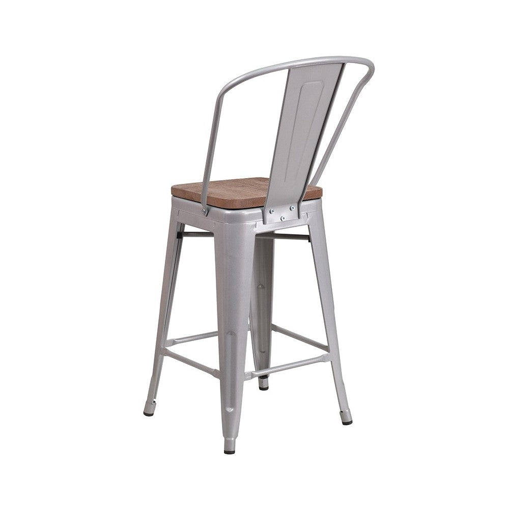 24" High Silver Metal Counter Height Stool with Back and Wood Seat