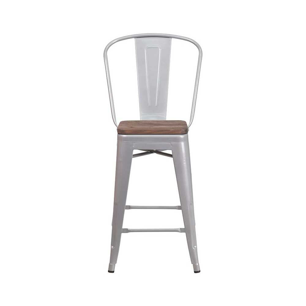 24" High Silver Metal Counter Height Stool with Back and Wood Seat