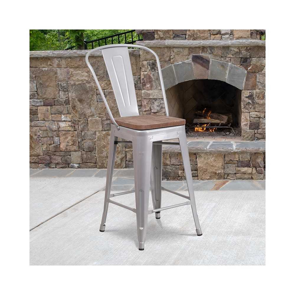 24" High Silver Metal Counter Height Stool with Back and Wood Seat