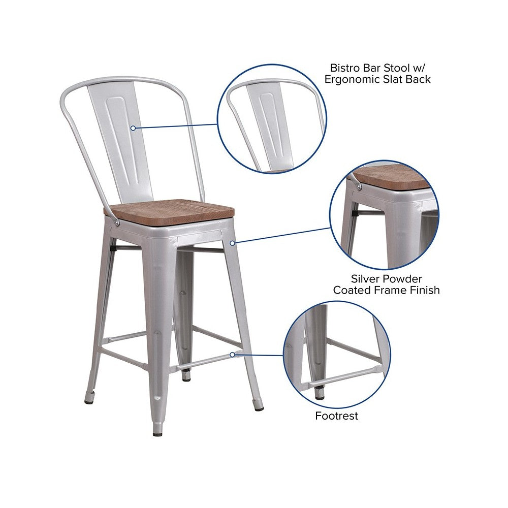 24" High Silver Metal Counter Height Stool with Back and Wood Seat