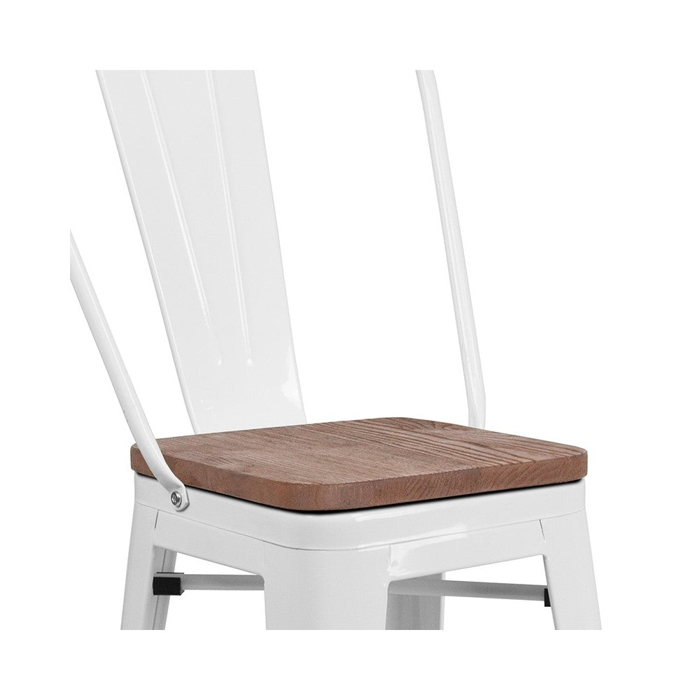 24" High White Metal Counter Height Stool with Back and Wood Seat
