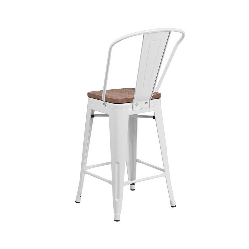 24" High White Metal Counter Height Stool with Back and Wood Seat