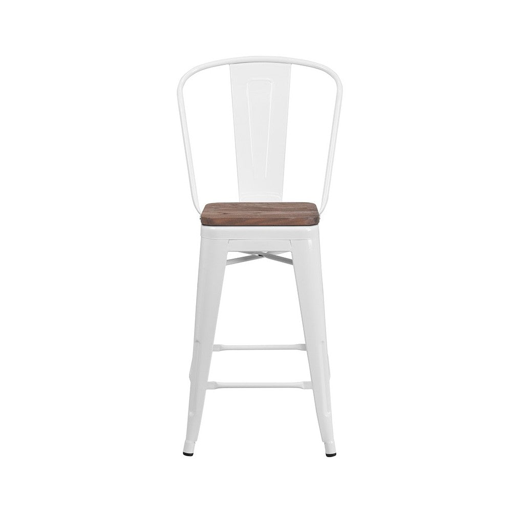 24" High White Metal Counter Height Stool with Back and Wood Seat