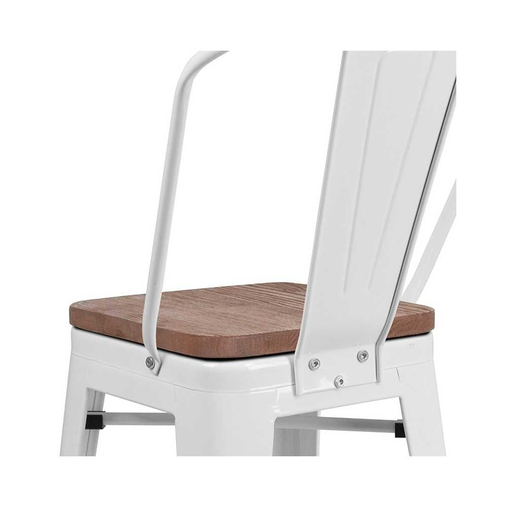 24" High White Metal Counter Height Stool with Back and Wood Seat