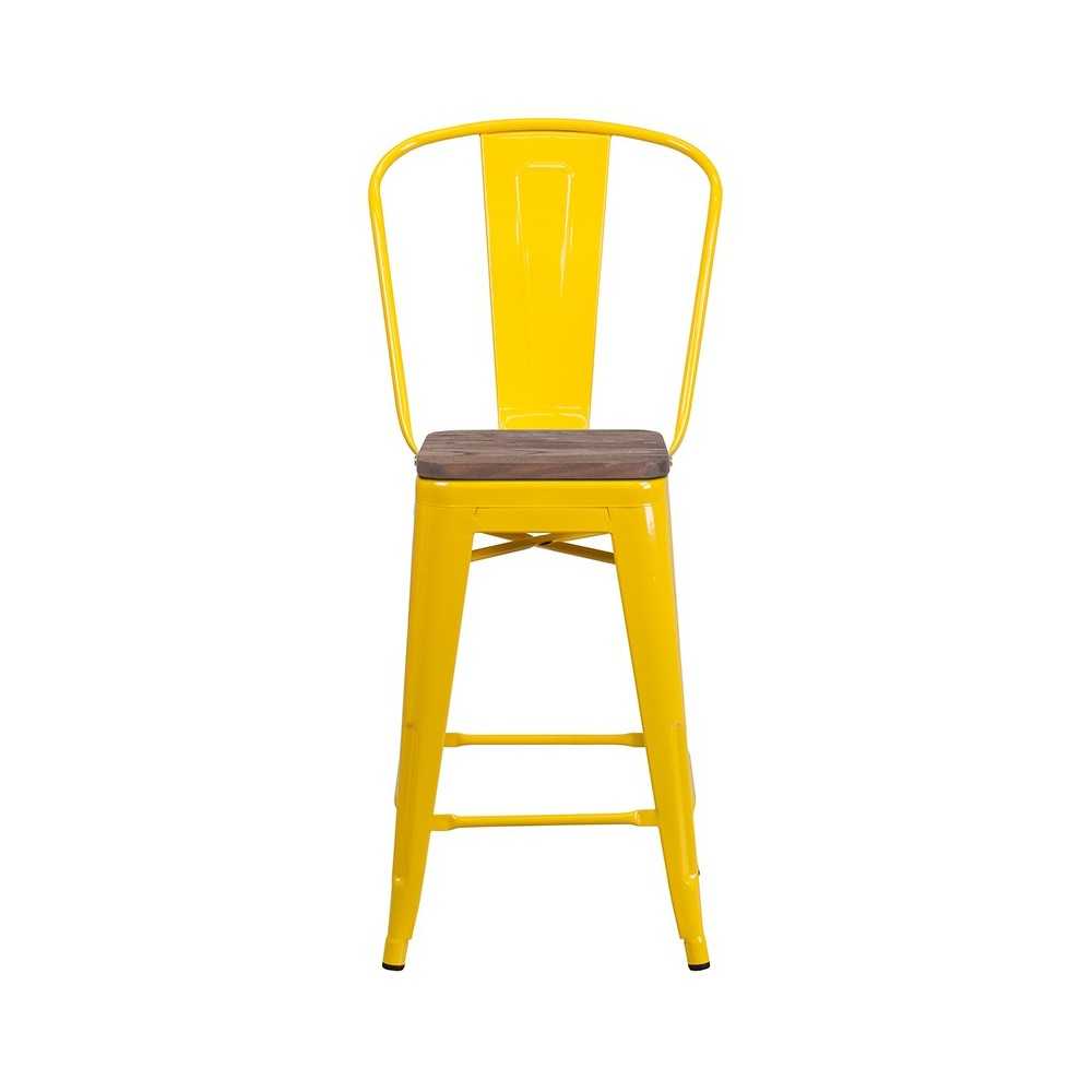 24" High Yellow Metal Counter Height Stool with Back and Wood Seat